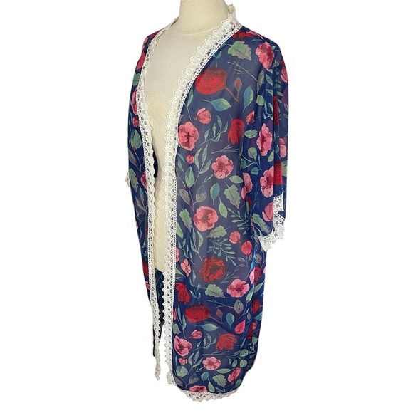 LULA ROE Chloe Lace Trimmed Chiffon Floral Longline Kimono - Picture 3 of 8